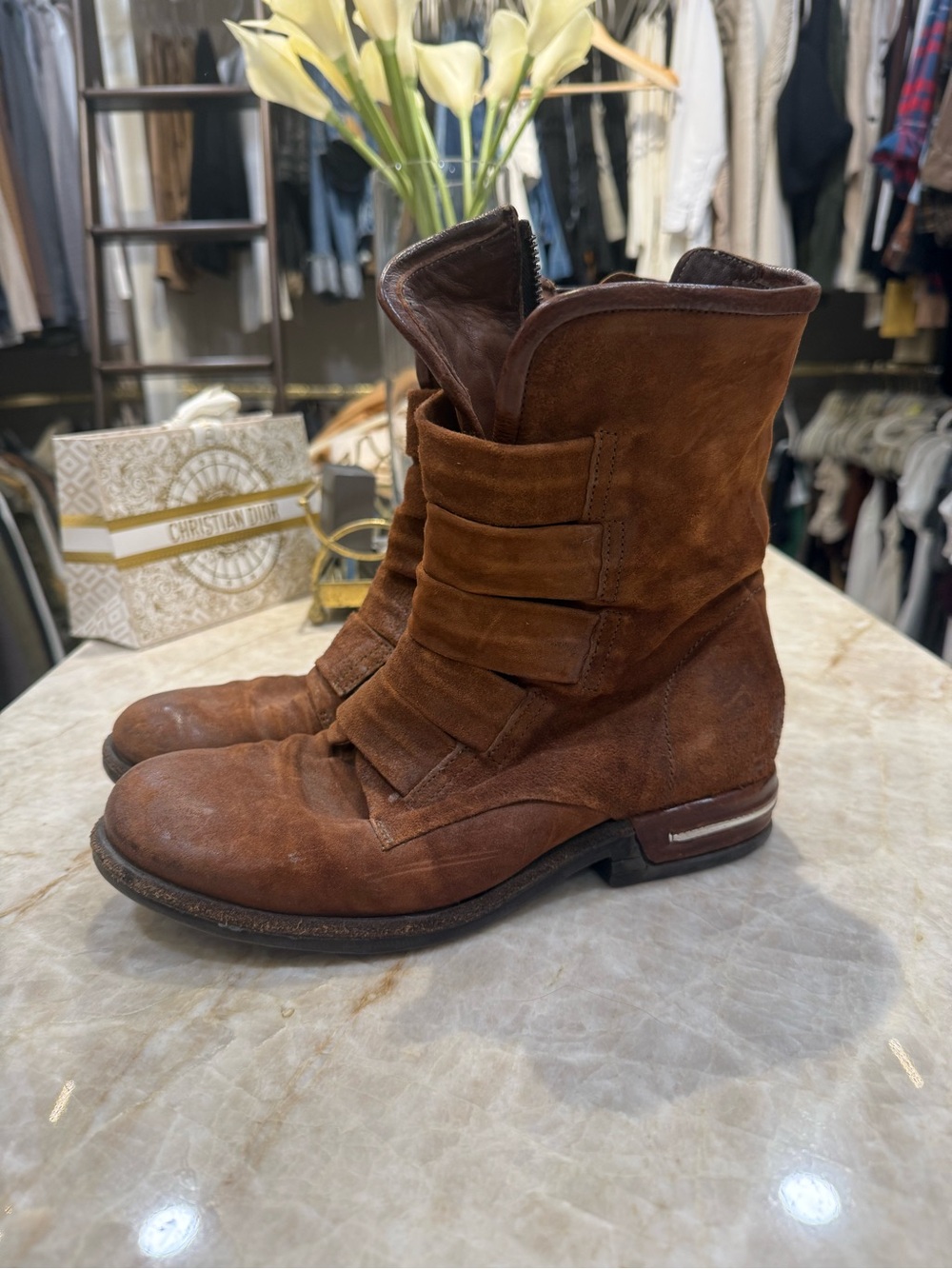 A.S.98 Rust Brown Suede Mid-Calf Heeled Boots
